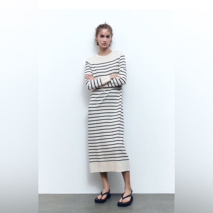Zara Ivory Black Stripe Long Sleeve Knit Midi Sweater Dress Small Blogger